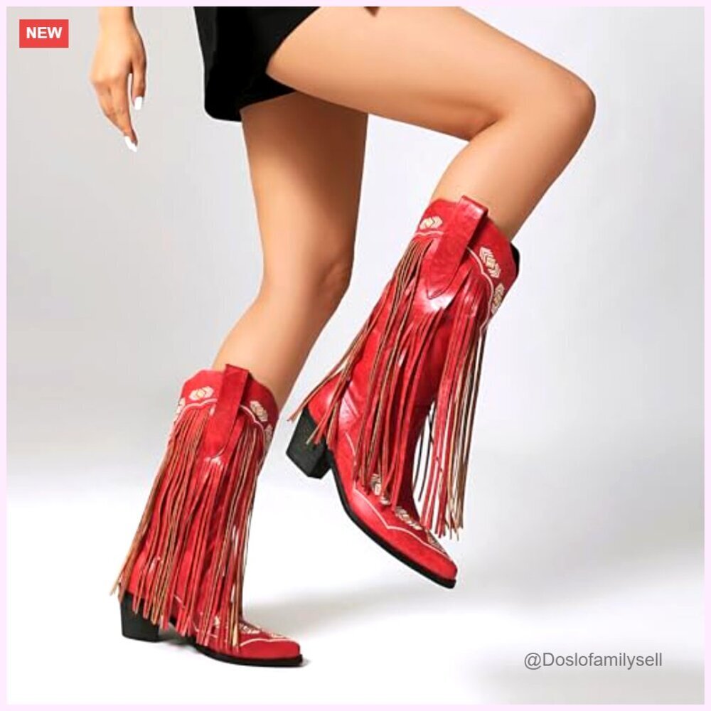 Embroidered Fringe Cowboy Boots, Pull On Mid Calf Chunky Heel Pointed Toe - Picture 3 of 7